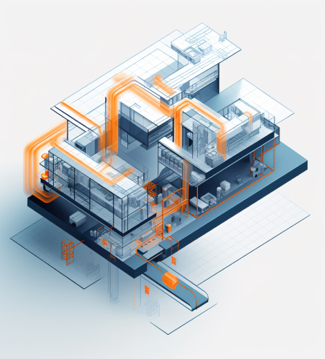 Coordinated HVAC layout with ducts, pipes, and equipment zones